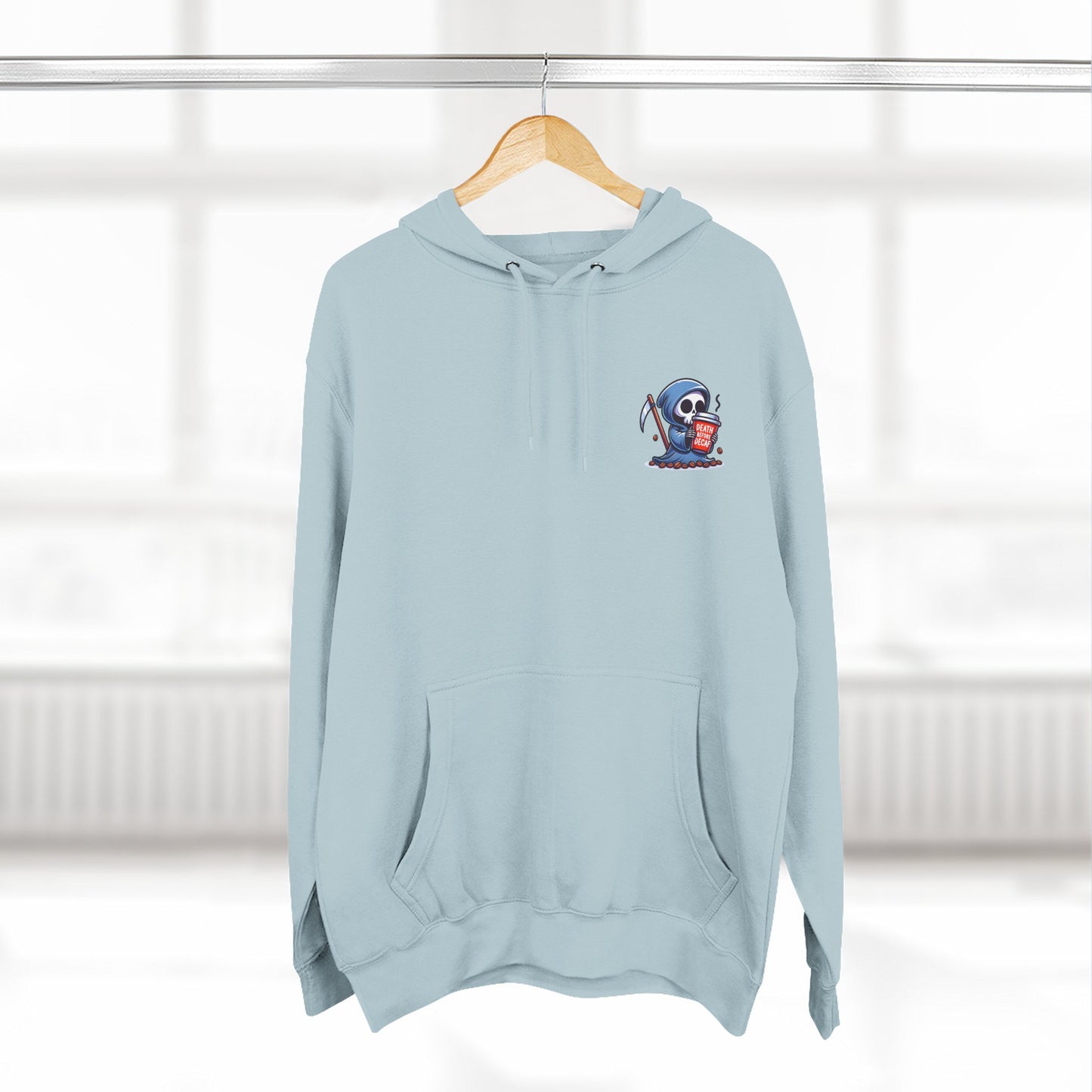 Cute Grim Reaper sipping coffee Hoodie | Death Before Decaf design