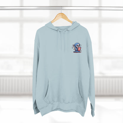 Cute Grim Reaper sipping coffee Hoodie | Death Before Decaf design
