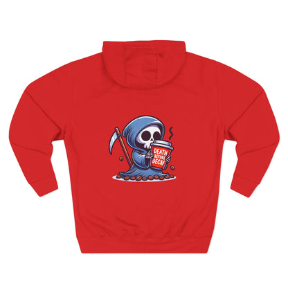 Cute Grim Reaper sipping coffee Hoodie | Death Before Decaf design