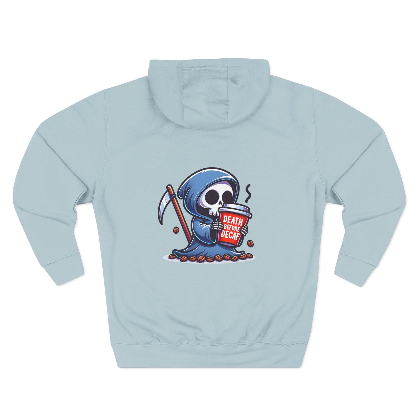 Cute Grim Reaper sipping coffee Hoodie | Death Before Decaf design