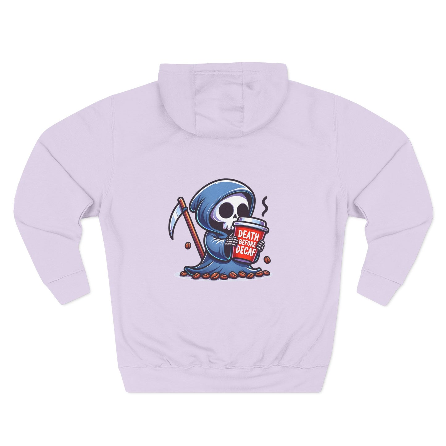 Cute Grim Reaper sipping coffee Hoodie | Death Before Decaf design