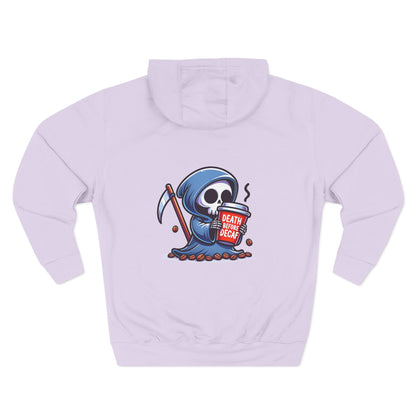 Cute Grim Reaper sipping coffee Hoodie | Death Before Decaf design