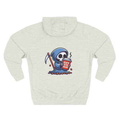 Cute Grim Reaper sipping coffee Hoodie | Death Before Decaf design