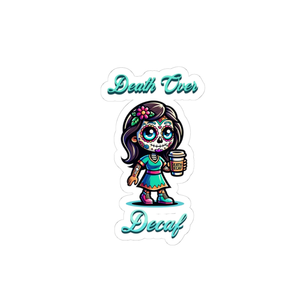 Death Over Decaf Stickers, Fun Laptop Decor, Dia de los Muertos Art, Coffee Culture, Unique Gift Idea