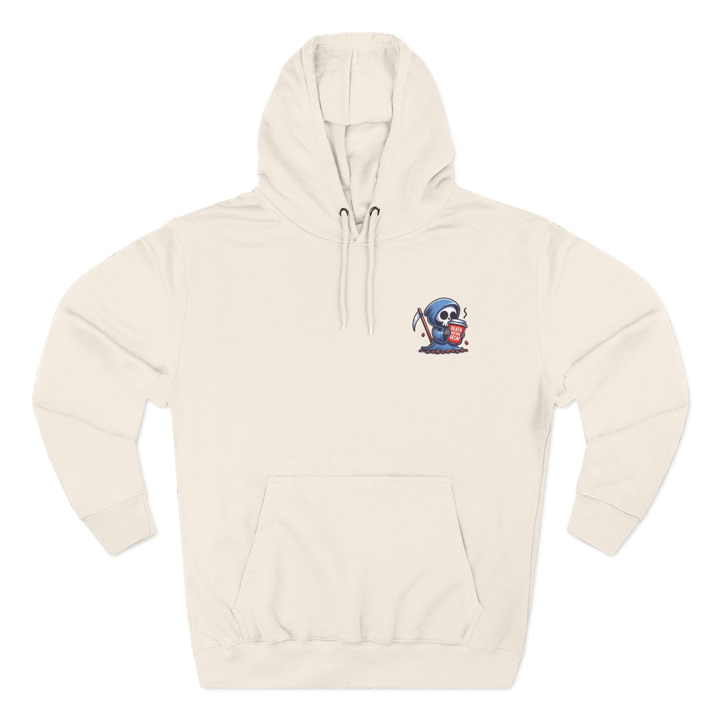 Cute Grim Reaper sipping coffee Hoodie | Death Before Decaf design