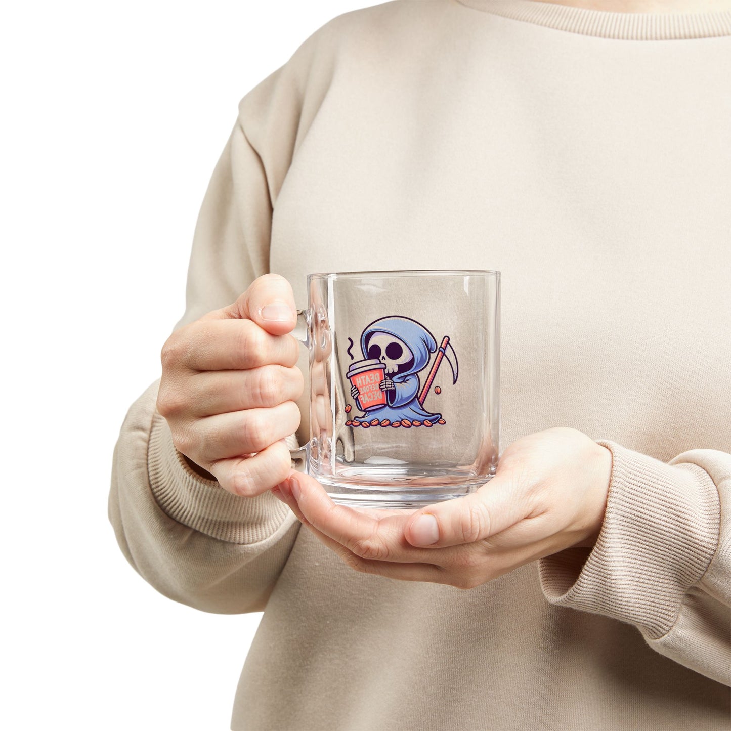 DEATH OVER DECAF!!! Glass Mug, 10oz Coffee Mug, Perfect Gift for Halloween, Unique Skull Mug, Quirky Kitchen Decor, Birthday Gift Idea