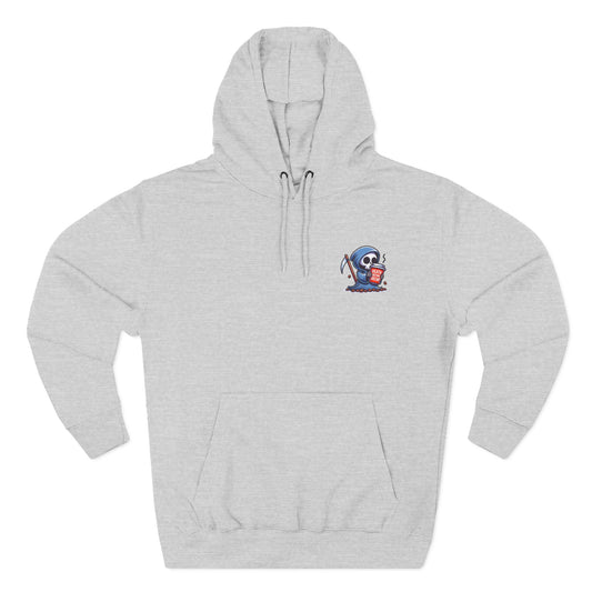 Cute Grim Reaper sipping coffee Hoodie | Death Before Decaf design