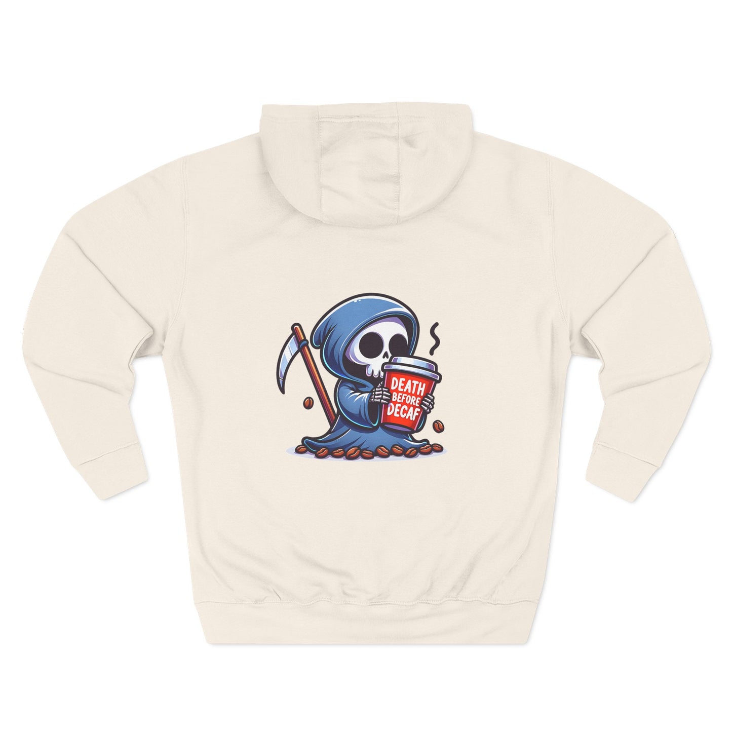 Cute Grim Reaper sipping coffee Hoodie | Death Before Decaf design