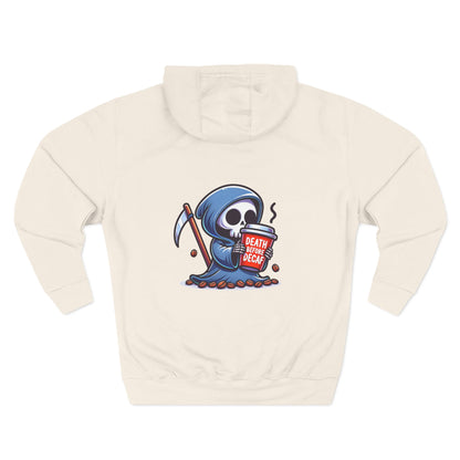 Cute Grim Reaper sipping coffee Hoodie | Death Before Decaf design