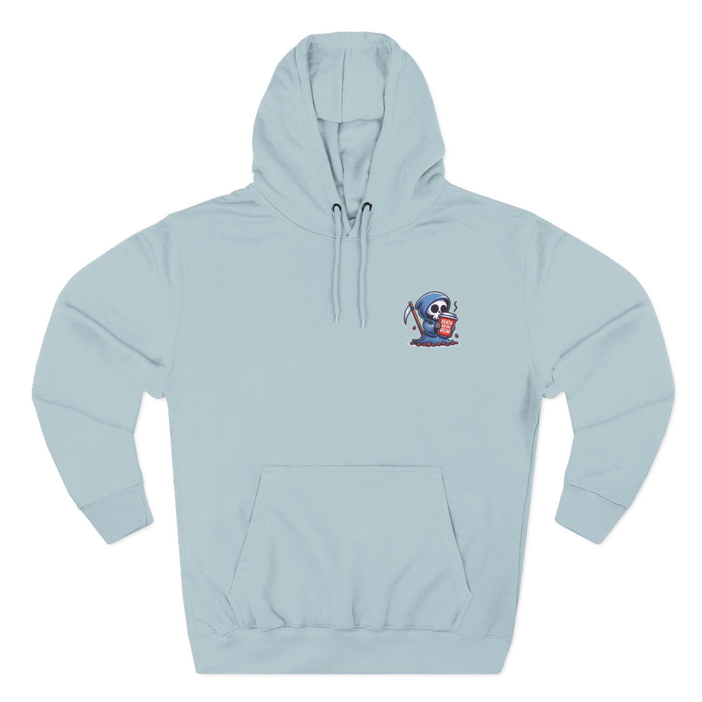 Cute Grim Reaper sipping coffee Hoodie | Death Before Decaf design