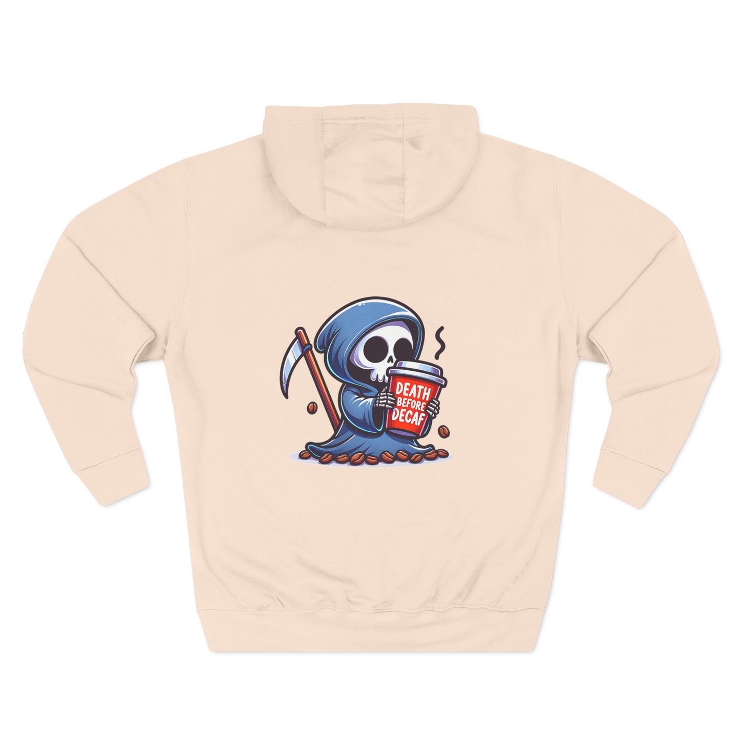 Cute Grim Reaper sipping coffee Hoodie | Death Before Decaf design