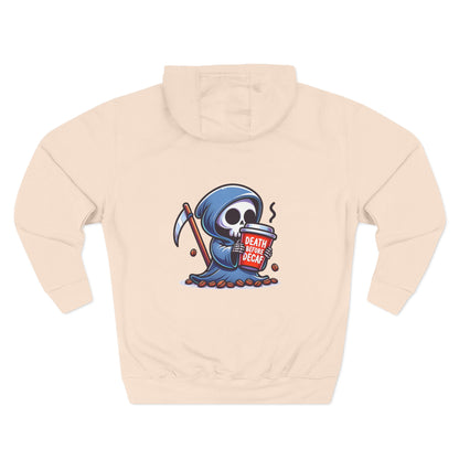 Cute Grim Reaper sipping coffee Hoodie | Death Before Decaf design