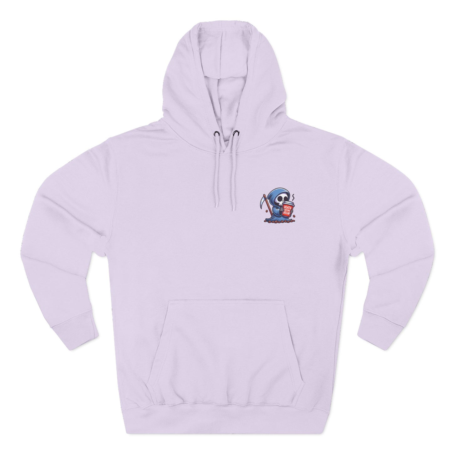 Cute Grim Reaper sipping coffee Hoodie | Death Before Decaf design