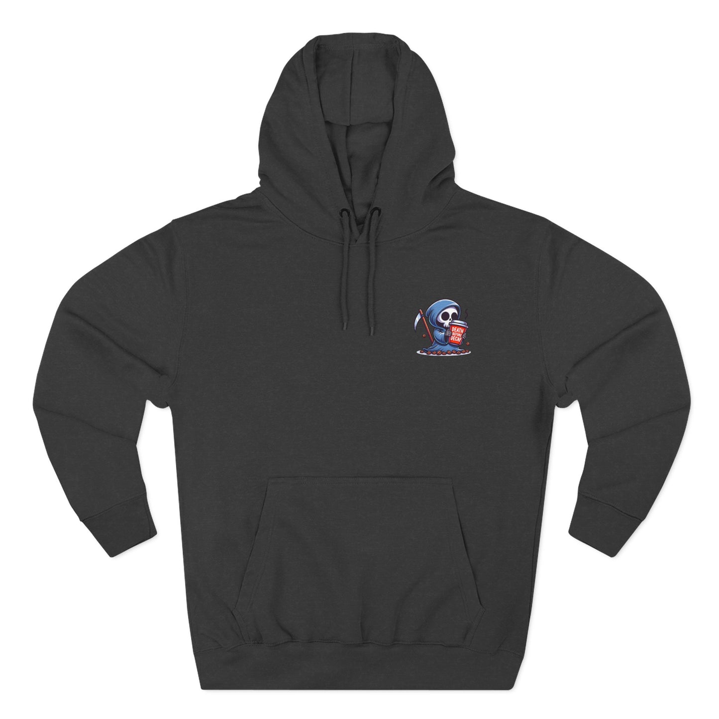 Cute Grim Reaper sipping coffee Hoodie | Death Before Decaf design