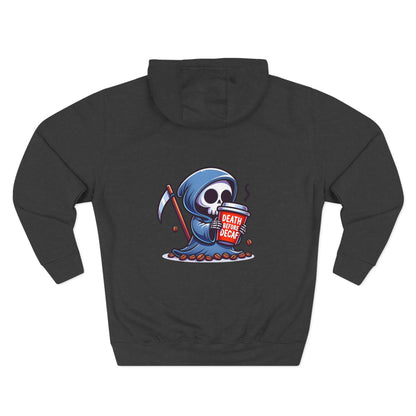 Cute Grim Reaper sipping coffee Hoodie | Death Before Decaf design