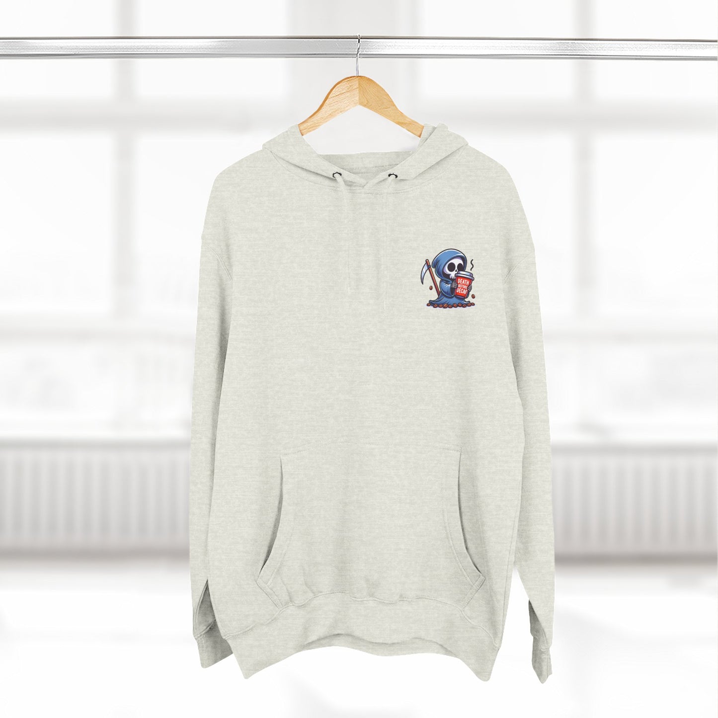Cute Grim Reaper sipping coffee Hoodie | Death Before Decaf design