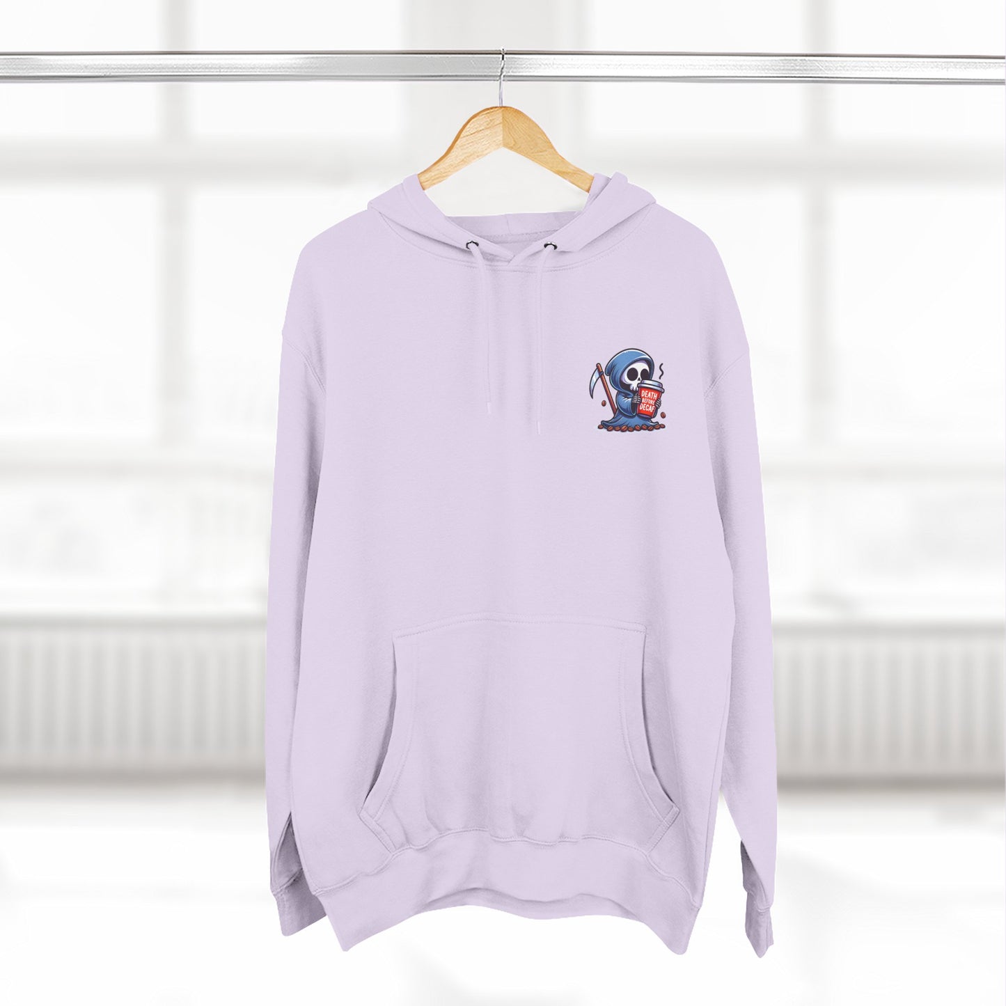 Cute Grim Reaper sipping coffee Hoodie | Death Before Decaf design
