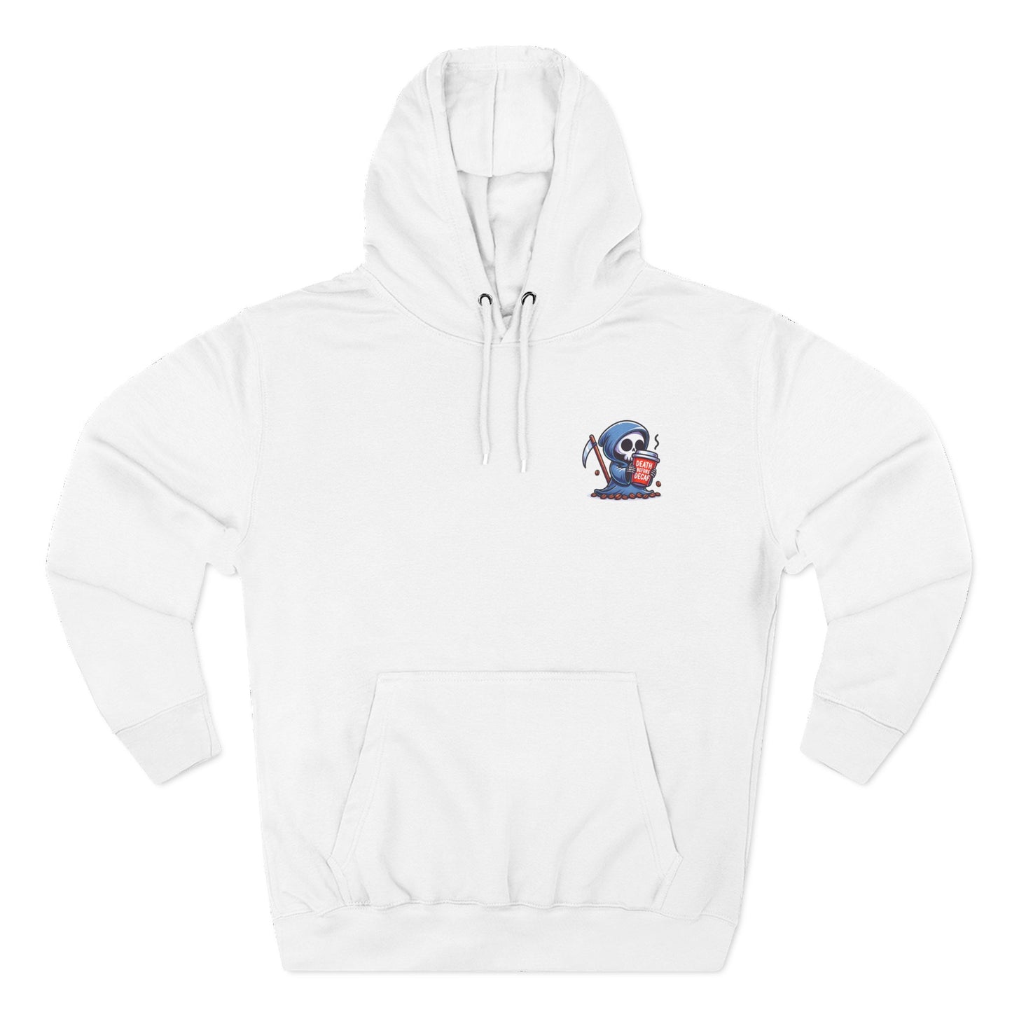 Cute Grim Reaper sipping coffee Hoodie | Death Before Decaf design