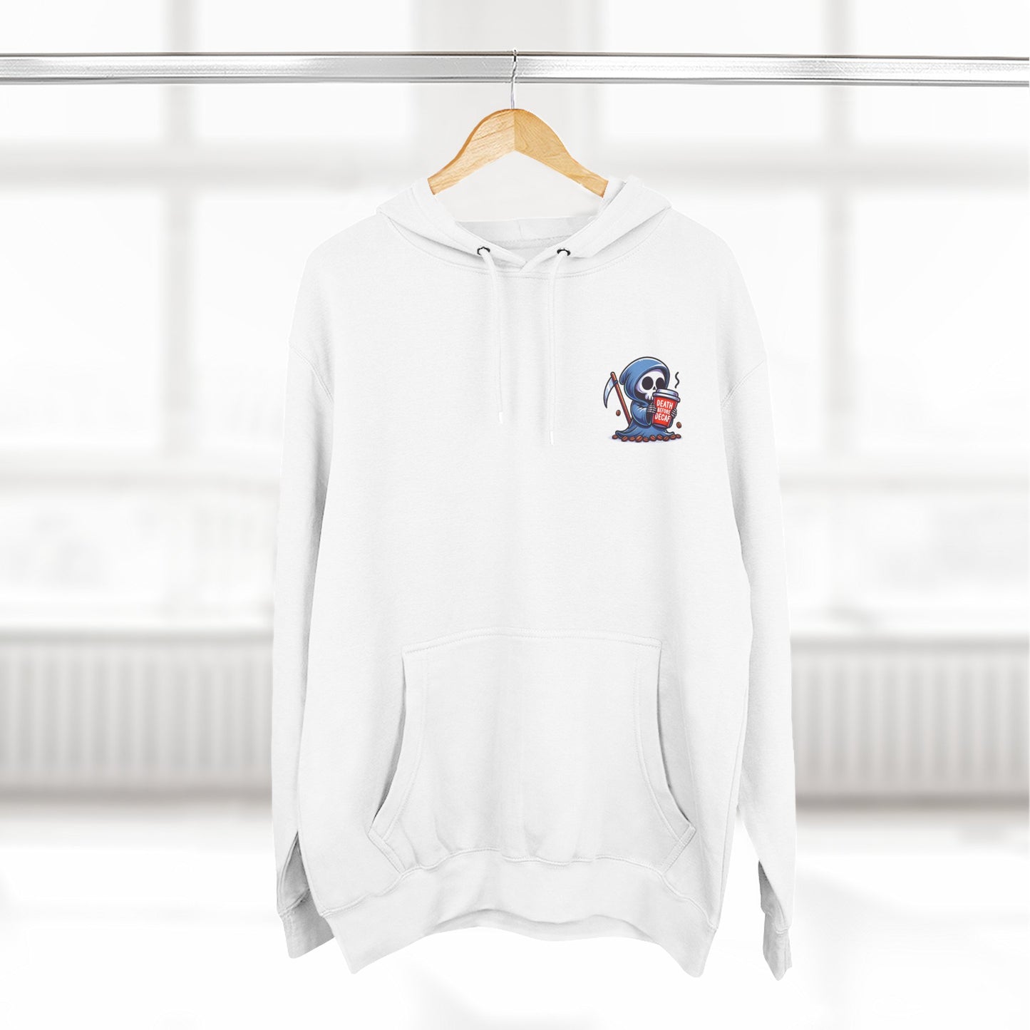 Cute Grim Reaper sipping coffee Hoodie | Death Before Decaf design