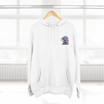 Cute Grim Reaper sipping coffee Hoodie | Death Before Decaf design
