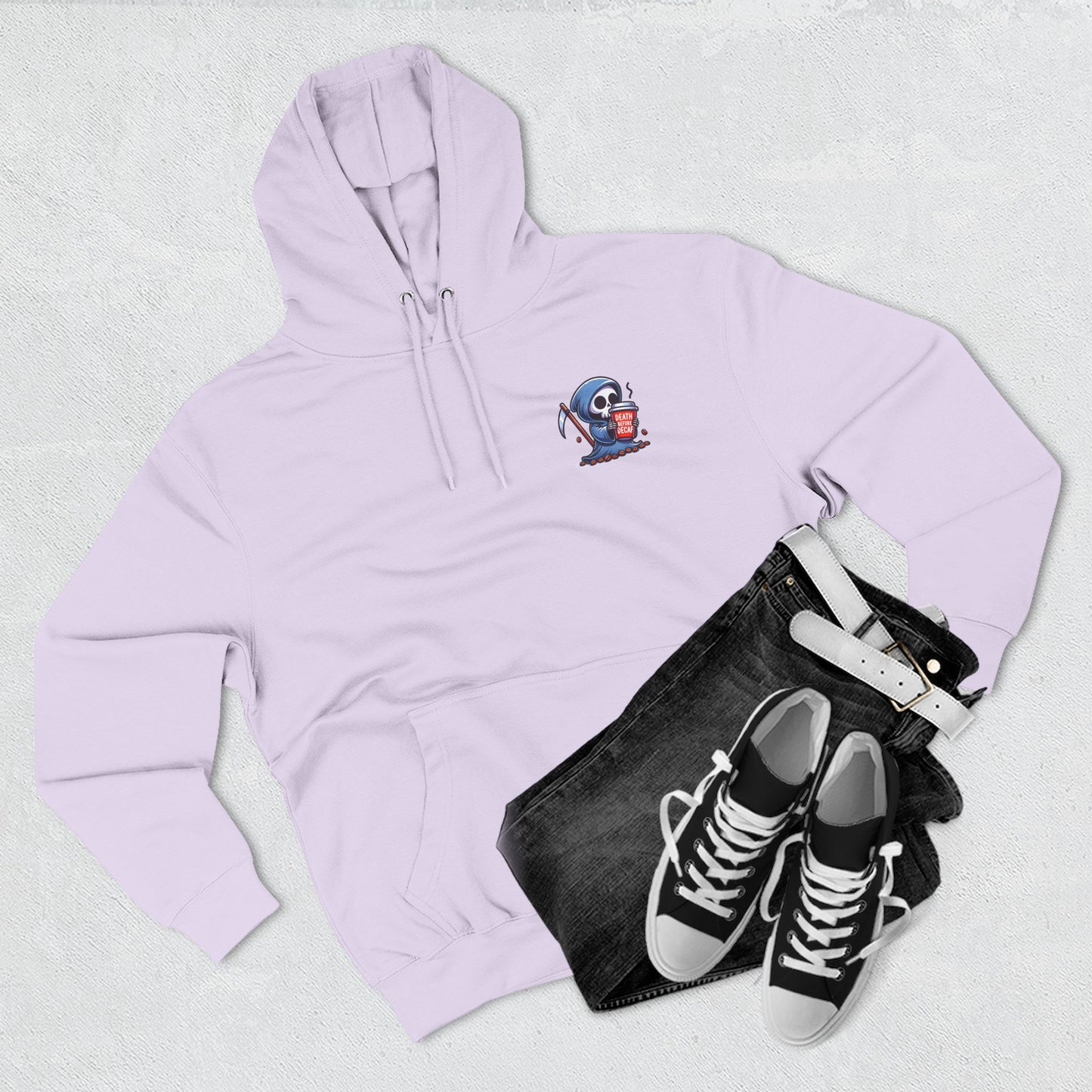 Cute Grim Reaper sipping coffee Hoodie | Death Before Decaf design