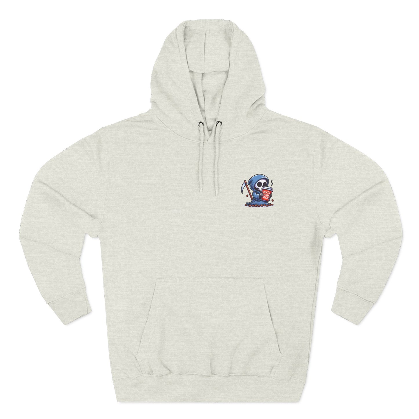 Cute Grim Reaper sipping coffee Hoodie | Death Before Decaf design