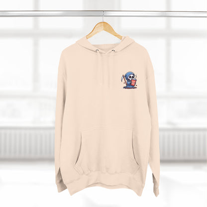 Cute Grim Reaper sipping coffee Hoodie | Death Before Decaf design