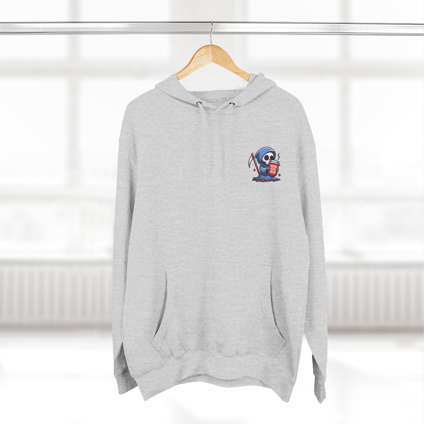 Cute Grim Reaper sipping coffee Hoodie | Death Before Decaf design