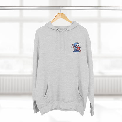 Cute Grim Reaper sipping coffee Hoodie | Death Before Decaf design