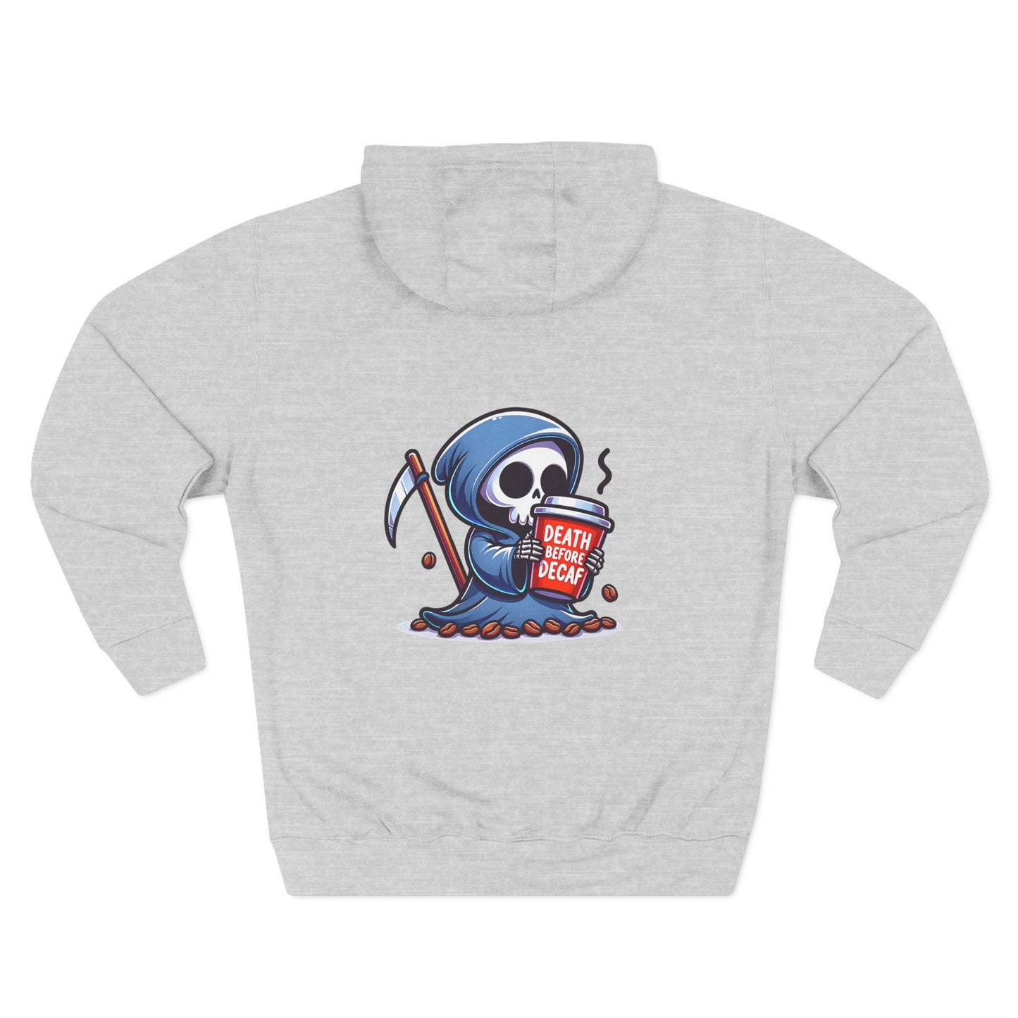 Cute Grim Reaper sipping coffee Hoodie | Death Before Decaf design