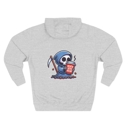 Cute Grim Reaper sipping coffee Hoodie | Death Before Decaf design